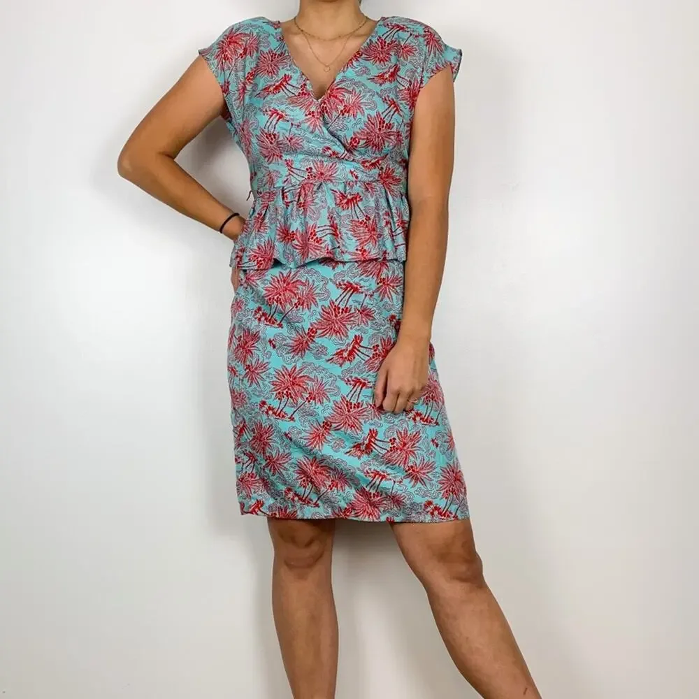 Nanette Lepore Teal & Red 100% Silk Peplum Waist Palm Print Dress Size 4 - Picture 1 of 13